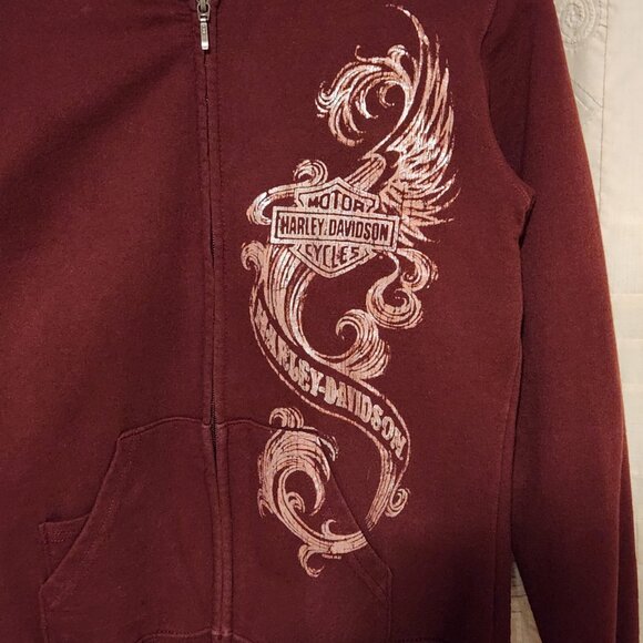 🦅 Harley-Davidson Maroon Scroll Wing Zip Hoodie S Sioux Falls 🦅 - Picture 4 of 6